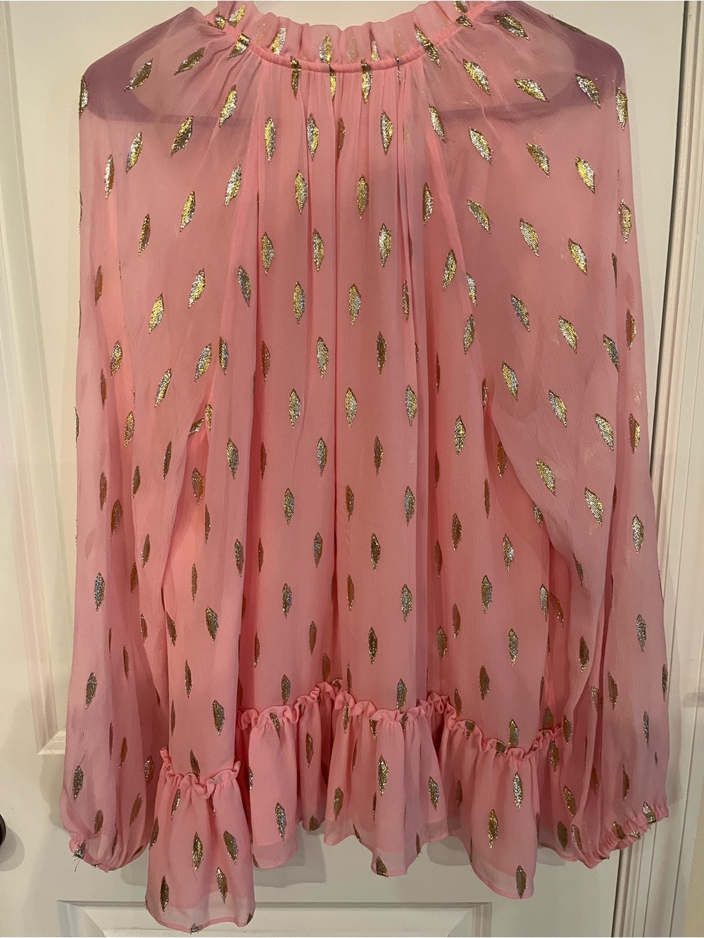 Lilly Pulitzer Pink Chiffon Blouse with Gold Foil Leaf Print - Picture 6 of 6